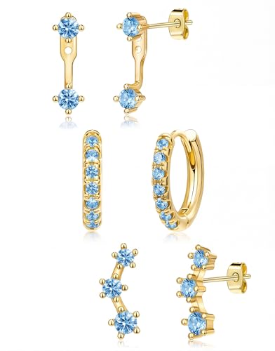 3 Pairs Dainty Small Earrings Set for Women Trendy, Birthstone Stud Huggie Hoop Jacket Stack for Cartilage Helix, Gold Plated Hypoallergenic Cute Women Fashion Accessories Western Jewelry Gifts - color: 03Blue Created Aquamarine-Mar (Gold)