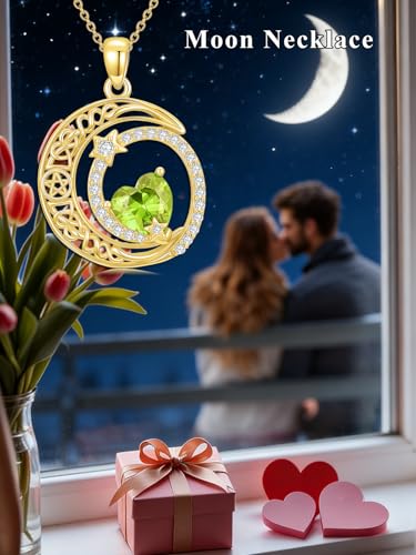 Midari 18K Yellow Gold Sun Moon Star Pendant Rose Flower Necklaces I Love You Forever Sun Moon Jewelry Gift for Mother Women - color: 08-Aug-Peridot, style: Moon&Star