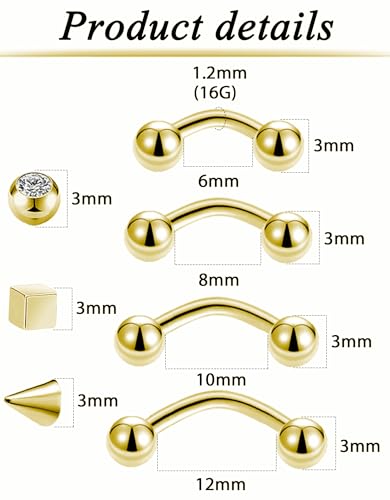 16Pcs Eyebrow Piercing Jewelry 16G Surgical Steel Curved Barbell Vertical Labret Lip Navel Belly Button Tongue Rings Rook Daith Tragus Earring for Women Men Silver Gold Tone 6mm/8mm/10mm/12mm - color: A-Gold