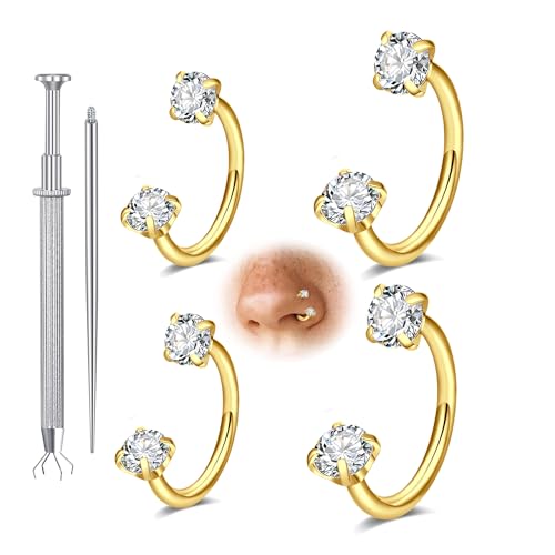 Longita 20g Nose Rings Hoop L Shape Nose Studs Stainless Steel Nose Screw Bone Flat Top Diamond Opal Heart High Nostril Piercing Jewelry Silver Rose Gold Black Pack for Women Men - color: B3- Horseshoe Ring 4pcs 18g - gold