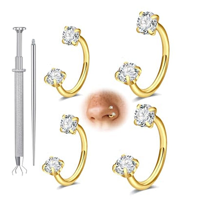 Longita 20g Nose Rings Hoop L Shape Nose Studs Stainless Steel Nose Screw Bone Flat Top Diamond Opal Heart High Nostril Piercing Jewelry Silver Rose Gold Black Pack for Women Men - color: B3- Horseshoe Ring 4pcs 18g - gold