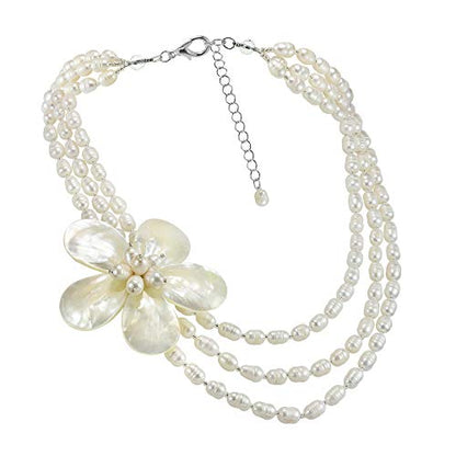 Floral Mother of Pearl on Triple Strand of Cultured Freshwater White Pearl Layered Necklace