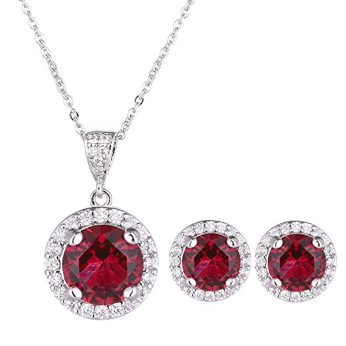 AMYJANE Halo Crystal Jewelry Set - Sterling Silver Round Cubic Zirconia Crystal Bridal Pendant Necklace Earrings Set for Wedding Bride Bridesmaids - color: Ruby