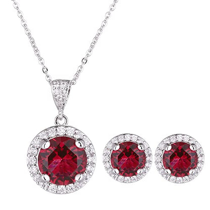AMYJANE Halo Crystal Jewelry Set - Sterling Silver Round Cubic Zirconia Crystal Bridal Pendant Necklace Earrings Set for Wedding Bride Bridesmaids - color: Ruby