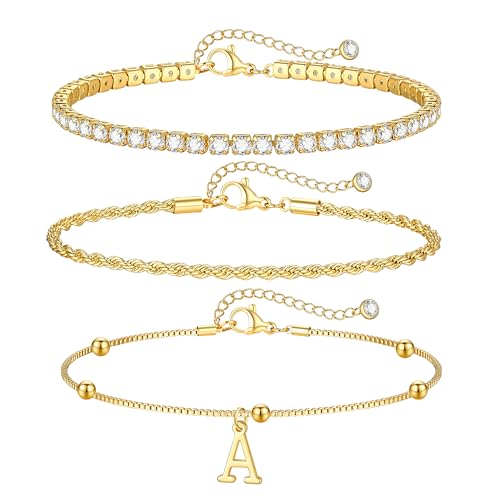 Gold Bracelets for Women Girls - Dainty Gold/Silver Bracelet Stack Jewelry Set Personalized Initial Bracelets Cute Stackable Rope Box Chain Tennis Bracelets Gifts for Women Teen Girl Gifts - color: A'-Gold