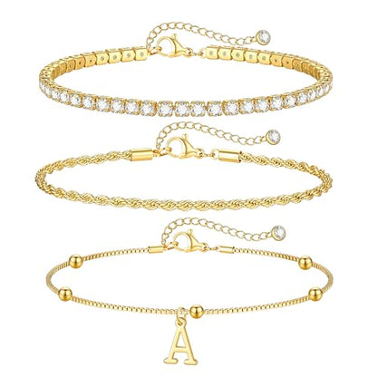 Gold Bracelets for Women Girls - Dainty Gold/Silver Bracelet Stack Jewelry Set Personalized Initial Bracelets Cute Stackable Rope Box Chain Tennis Bracelets Gifts for Women Teen Girl Gifts - color: A'-Gold