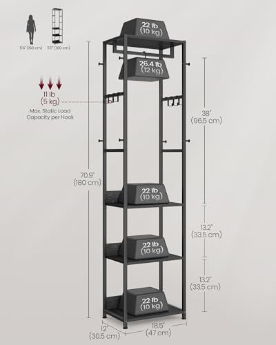 VASAGLE Coat Rack, Freestanding Hall Tree with Shelves, Hanging Rail, and Hooks, Space-Saving Coat Stand, Steel Frame, for Clothing, Bags, Hats, Ink Black and Charcoal Gray URCR061BD03 - color: Ink Black + Charcoal Gray, style: Industrial