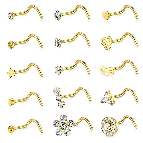 QWALIT 18g 20g Nose Stud 18g Surgical Stainless Steel Silver Gold Horseshoe Nose Ring for Women Hypoallergenic Double Stud Gem 18gauge Corkscrew Nostril Piercing Jewelry for Men Trendy - color: 15-Screw 18g -gold