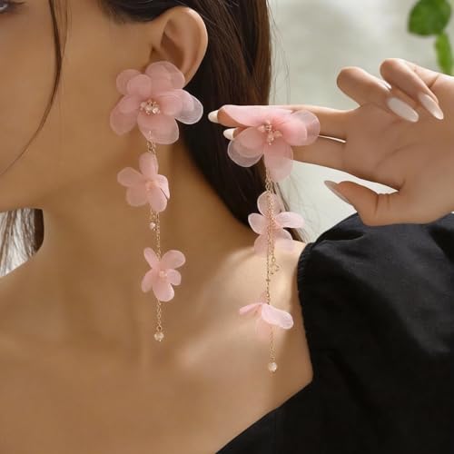 Flower Earrings for Women Long Fabric Flower Tassel Earrings Bohemian Handmade Floral Statement Earring Wedding Prom Jewelry Gifts - color: A4：pink