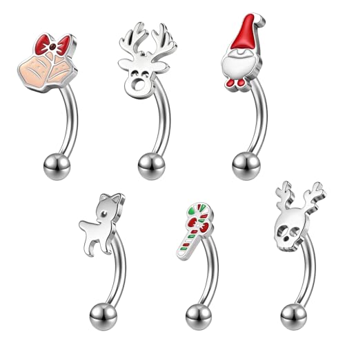 ZS 6Pcs Christmas Rook Piercing Jewelry, 16G Stainless Steel Eyebrow Piercing Jewelry, Santa Claus Elk Bell Eyebrow Rings, Curved Barbells Daith Rook Earrings for Women Men - size: L:8mm