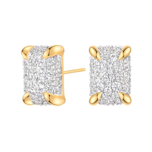 MEVECCO Pave Cubic Zirconia Stud Earrings for Women, 18K Gold Plated Brass | Pave CZ Fronts, Curved Gold Plated Edge Accents, Soft Motifs and Clean Geometric Styles - style: rectangle