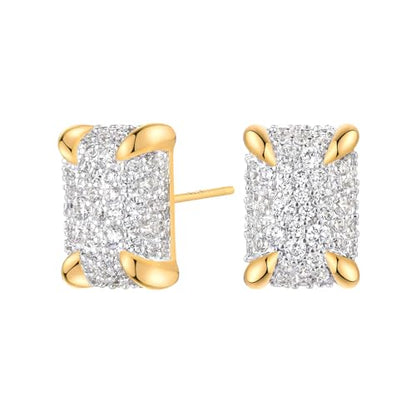 MEVECCO Pave Cubic Zirconia Stud Earrings for Women, 18K Gold Plated Brass | Pave CZ Fronts, Curved Gold Plated Edge Accents, Soft Motifs and Clean Geometric Styles - style: rectangle