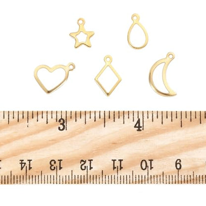 8-64Pcs Silver Goldern Color Heart Pendants Charms 10 Styles Heart Stainless Steel Metal Charms for Jewelry Making Crafting Necklaces Bracelets Earrings Keychains Birthday Gift - color: Golden 5 Shapes-60 pcs