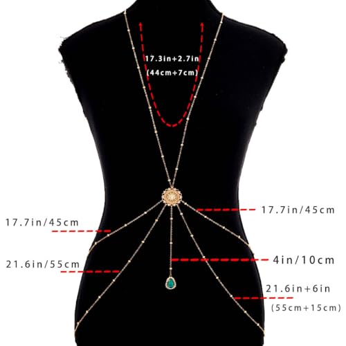 Gold Body Chain for Women Layered Rhinestone Waist Chains Summer Beaded Bra Body Jewelry Gifts - color: Green