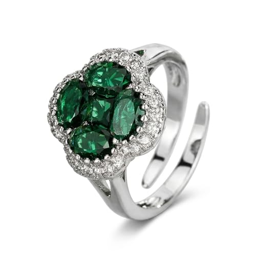 Green/Blue Zircon 4-Leaf Clover Jewelry Set – Necklace, Ring, Earrings – Women's Wedding & Evening Gift for Wife, Girlfriend, Mother – Comes with Gift Box - color: Green Ring