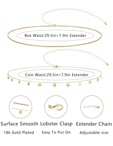 2Pcs Waist Chain 18K Gold Plated Belly Chain Coin Sequin Satellite Beaded Snake Box Chain Layered Body Chain Sexy Bikini Summer Beach Body Jewelry Accessories for Women Adjustable - style: coin chain