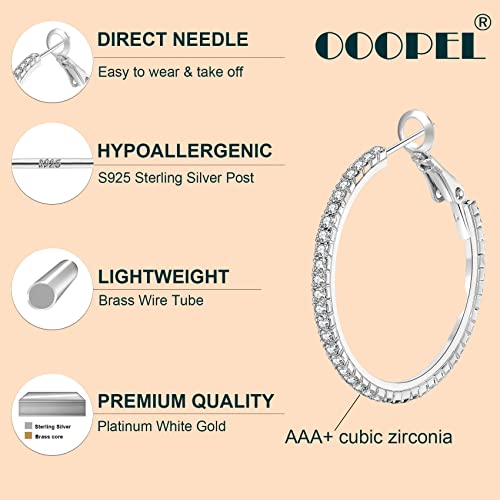 925 Sterling Silver Earrings Large Rhinestone Hoop Earrings Big Cubic Zirconia Hoop Earrings Thin Rhinestones Round Hoop Earrings for Women 20/30/40/50/60/70mm Sparkly Hoops With Crystals for Womens - color: Silver,30mm