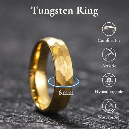 King Will Men's Tungsten Carbide Wedding Ring Hammered Groove Wedding Band Mens Two Tone Engagement Ring for Men and Women Matte Brushed Finish Comfort Fit - color: Gold 6mm