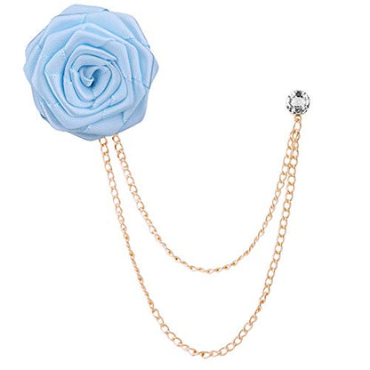 Fashion Bridegroom Wedding Brooches Cloth Art Hand-Made Rose Flower Brooch Lapel Pin Badge Tassel Chain Men's Suit Accessories - color: Light blue