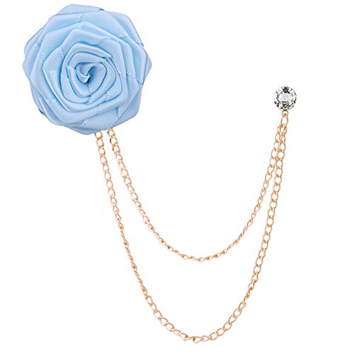 Fashion Bridegroom Wedding Brooches Cloth Art Hand-Made Rose Flower Brooch Lapel Pin Badge Tassel Chain Men's Suit Accessories - color: Light blue