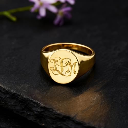Personalized Classic Monogrammed Signet Initial Ring for Men 925 Silver/10K/14K/18K Gold Monogram Letters Statement Ring Birthday Christmas Gifts - color: Yellow Gold