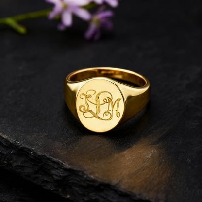 Personalized Classic Monogrammed Signet Initial Ring for Men 925 Silver/10K/14K/18K Gold Monogram Letters Statement Ring Birthday Christmas Gifts - color: Yellow Gold