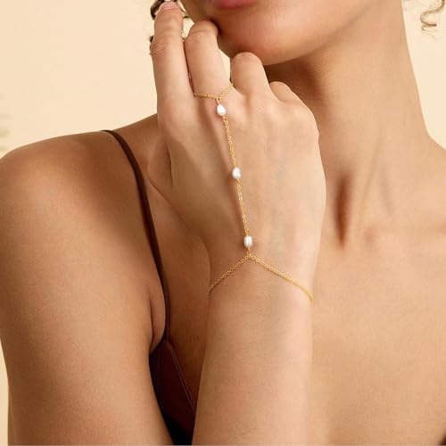 NECOCY 14K Gold Plated Pearl Bracelets for Women, Dainty Bracelets Stack Trendy Pearls Beaded Link Chain Charm Bracelets Set Layered Tiny Wedding Prom Jewelry Gift for Women Mother's Day Graduation - style: Style-7