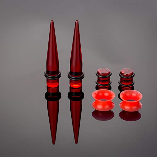 50-Piece Ear Gauges Stretching Kit, 14G-00G | Acrylic tapers and plugs with soft silicone tunnels, body piercing jewelry for women and men - color: Red