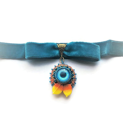 Blue Orange Beadwoven Eye Pendant Choker Velvet Halloween Embroidered Eye Fall Autumn