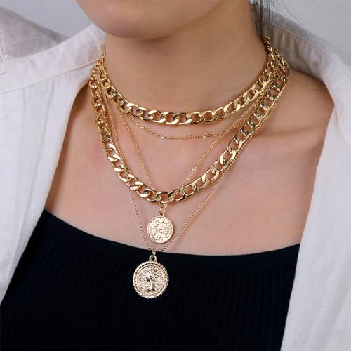 Todenb Layered Gold Pirate Necklace for Women Chunky Chain Pirate Jewelry 80s 90s Coin Pendant Necklace Pirate Costume Accessories - color: Gold