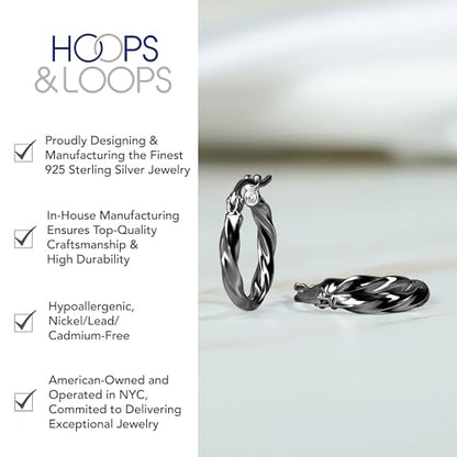 Hoops & Loops 925 Sterling Silver Twisted Hoop Earrings for Women - Hypoallergenic 14K Gold, Rose Gold, Black Flash Plated 2mm Thin Twist Design Round Click-Top Hoops, 15/20/25/30/35/40/50/60mm - color: Black-15mm (0.59 inch)