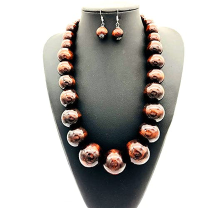 Colorful African Wooden Beaded Choker Neckalce Drop Dangle Earrings Set Chunky Strands Beads Large Bib Collar for Women 60's 70s Wedding Bohemain Jewelry - color: wood