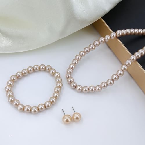 Simulated Pearl Jewelry Set Glass Imitation Pearls Choker Necklace Stud Earrings Elastic Bracelet Costume Jewelry for Women - color: Champagne