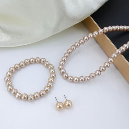 Simulated Pearl Jewelry Set Glass Imitation Pearls Choker Necklace Stud Earrings Elastic Bracelet Costume Jewelry for Women - color: Champagne