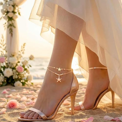 Sea Shell Starfish Anklet with Pearl Charms, Layered Heart Beach Statement Chunky Ankle Bracelet, Gold Tone Chain - color: Gold B