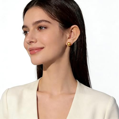Gold & Brown Faux Pearl Stud Earrings, S925 Silver Posts Hypoallergenic for Women - color: Gold, size: 12mm
