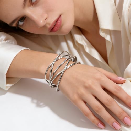 Multi-layer Cuff Bracelet for Women Gold Silver Chunky Cross Wire Bangle Bracelet Wide Adjustable Open Bracelet Trendy Statement Outfits Accessories - color: Silver