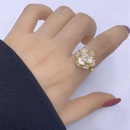 Crystal Rose Flower Spinner Fidget Open Statement Ring for Women CZ Floral Rotated Relief Anxiety Stacking Finger Rings Wedding Engagement Promise Bands Dainty Birthday Jewelry for Adjustable - color: Gold