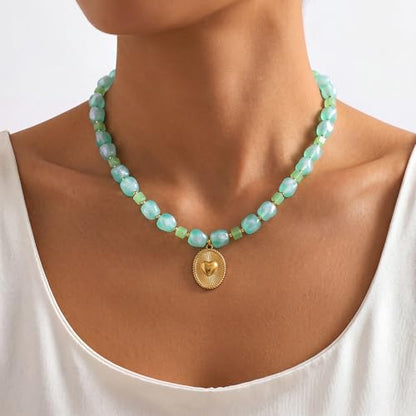 Chunky Beaded Necklaces for Women Trendy Colorful Acrylic Bead Statement Necklace Puffy Heart Pendent Necklaces for Women Boho Fashion Jewelry - color: K-green