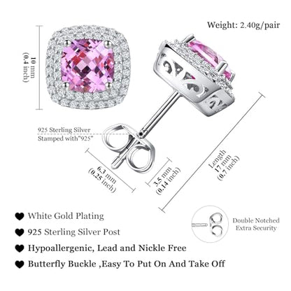 Dainty Birthstone Earrings for Women Sterling Silver Small Stud Earrings with Halo Cushion/Round Created Gemstone Earrings Birthstone Jewelry - style: A 10. Oct./created pink sapphire-cushion cut