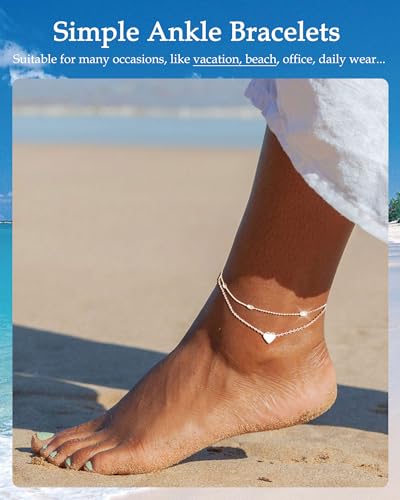 Gold Silver Ankle Bracelets for Women Waterproof 14K Gold Plated Anklets for Women Non Tarnish Dainty Layered Beaded Heart Anklet Set Summer Beach Foot Chain Jewelry Gifts Trendy Stuff - color: E- Heart Anklets- Silver