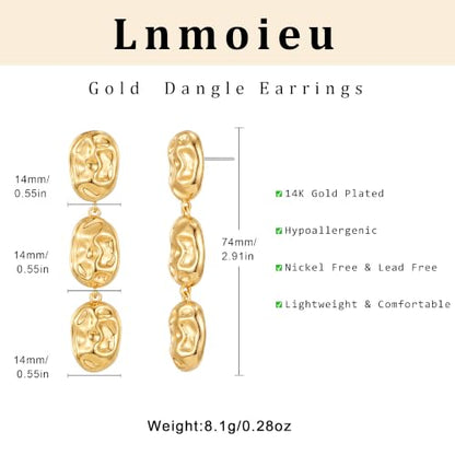 Gold Dangle Earrings for Women,Chunky 14K Gold Plated Drop Dangle Stud Earrings Long Statement Hammered Earring Hypoallergenic Jewelry for Women Gifts - style: Round Hammered-GD