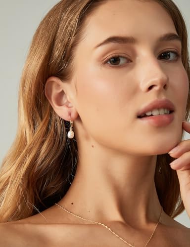 EAMTI Pearl Earrings for Women 925 Sterling Silver Freshwater Cultured Pearl Drop Earrings 14K Gold Plated Leverback Hypoallergenic