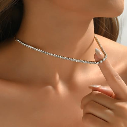 3mm Cubic Zirconia Tennis Necklace for Women, Dainty Adjustable 18K Gold Plated/Silver CZ Tennis Necklace, Hypoallergenic Iced Out Everyday Jewelry Gift for Her Wedding Party - color: Lariat Tennis-Gold