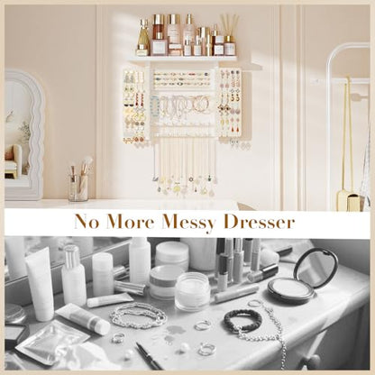 Emfogo Jewelry Organizer Hanging Wall Mounted Jewelry Holder, 5-in-1 Large Capacity Necklace Organizer Wall Hanging Jewelry Display for Ring, Necklaces, Bracelets, Earrings (White) - color: White
