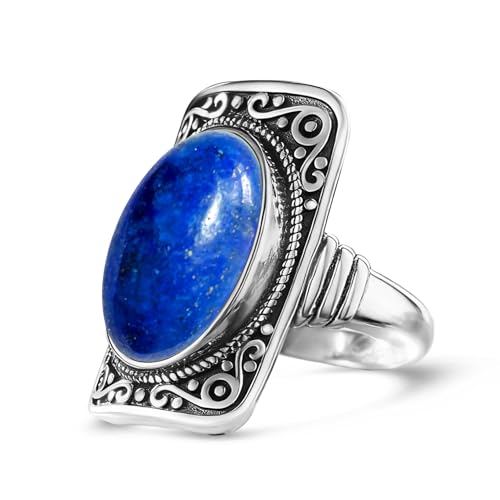 Big Natural Stone Ring,Rectangle Retro Antique Vintage Sterling Silver Genuine Crystal Quartz Gemstone Statement Wide Chunky Boho Bohemian Full Finger Ring for Women - color: A06_Lapis Lazuli