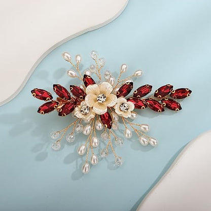 Xerling Wine Red Rhinestones Crystal Flower Hair Barrettes Clip Boho Bridal Pearl Hair Jewelry Accessories for Women Wedding Floral Headpieces (Wine Red) - color: Wine Red