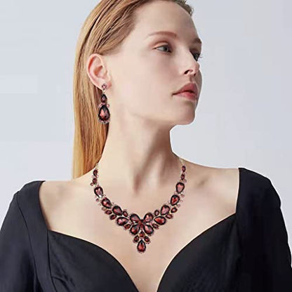 Women's Wedding Bridal Austrian Crystal Glass Teardrop Statement Necklace Dangle Earrings Bracelet Ring Wedding Party Jewelry Set for Bridal Bridesmaid - color: Purple-Gold Plated