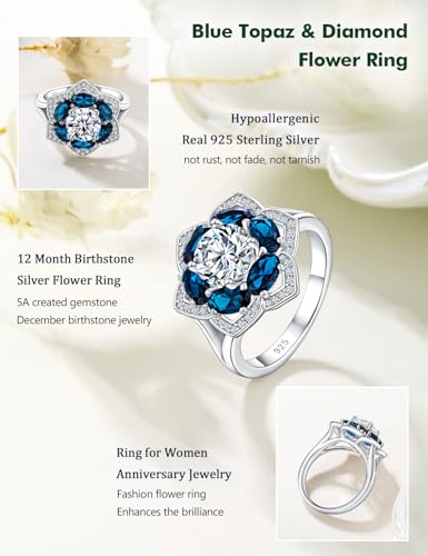 Flower Engagement Promise Ring Sterling Silver Birthstone Rings for Women Sapphire/Emerald/Ruby Gemstone Six Leaf Clover Statement Cocktail Ring Size 6 to 10 - style: 12. December-Created Blue Topaz