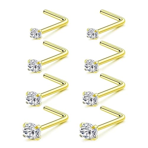 Incaton 20G Stainless Steel Nose Rings for Women Nose Rings Hoops L Shaped Nose Studs Screw Nose Piercing Jewelry for Women Men Silver Rose Gold Black Rainbow - color: 8P STUD GOLD